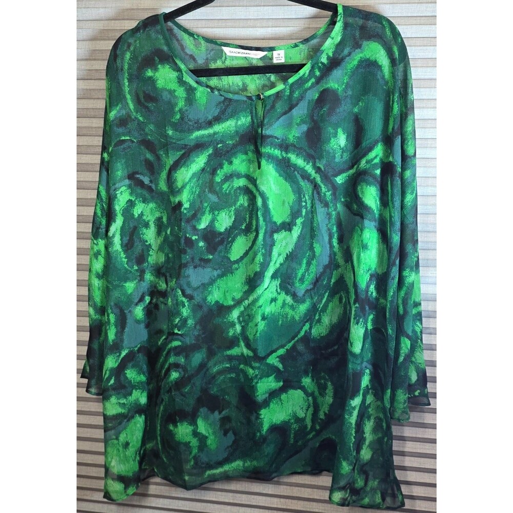 Isaac Mizrahi Live Blouse Womens PLus Size 1X Green Abstract Sheer Tunic Top